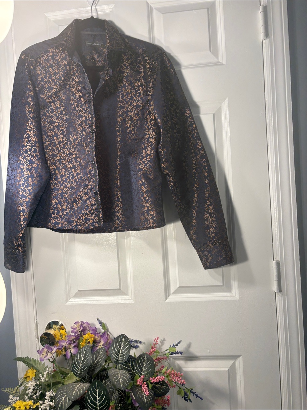 Barry Wang Men’s Medium Navy Gold Floral Dress Shirt Silk Blend